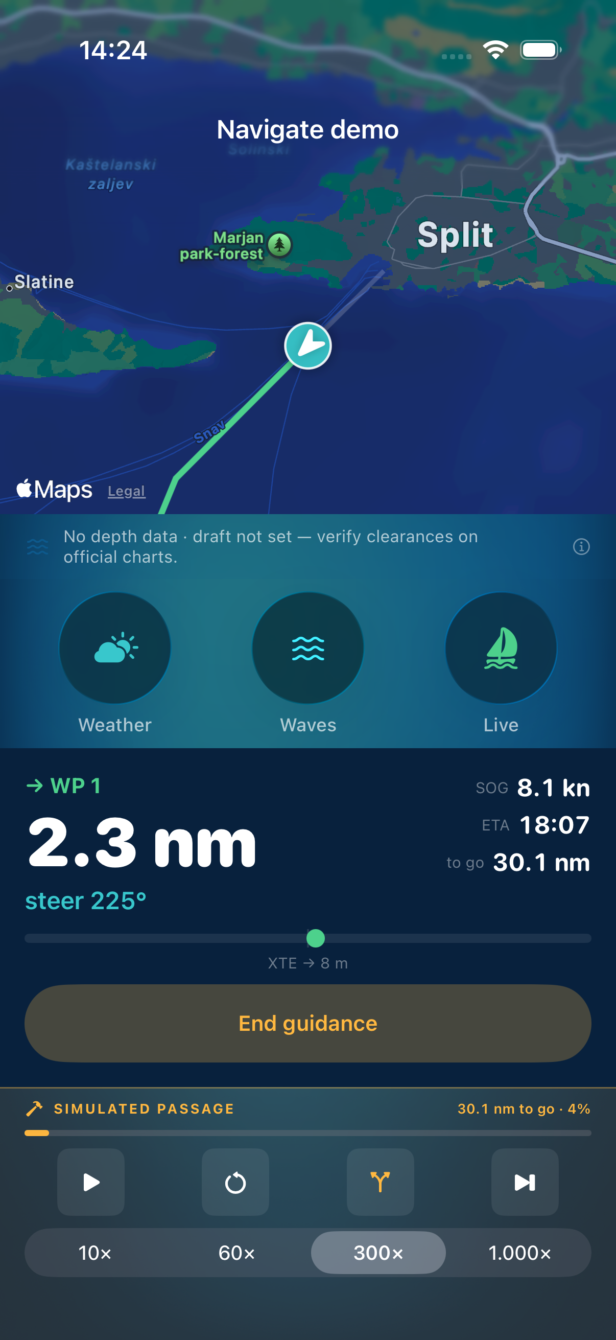 Desta Navigate screen showing a simulated passage